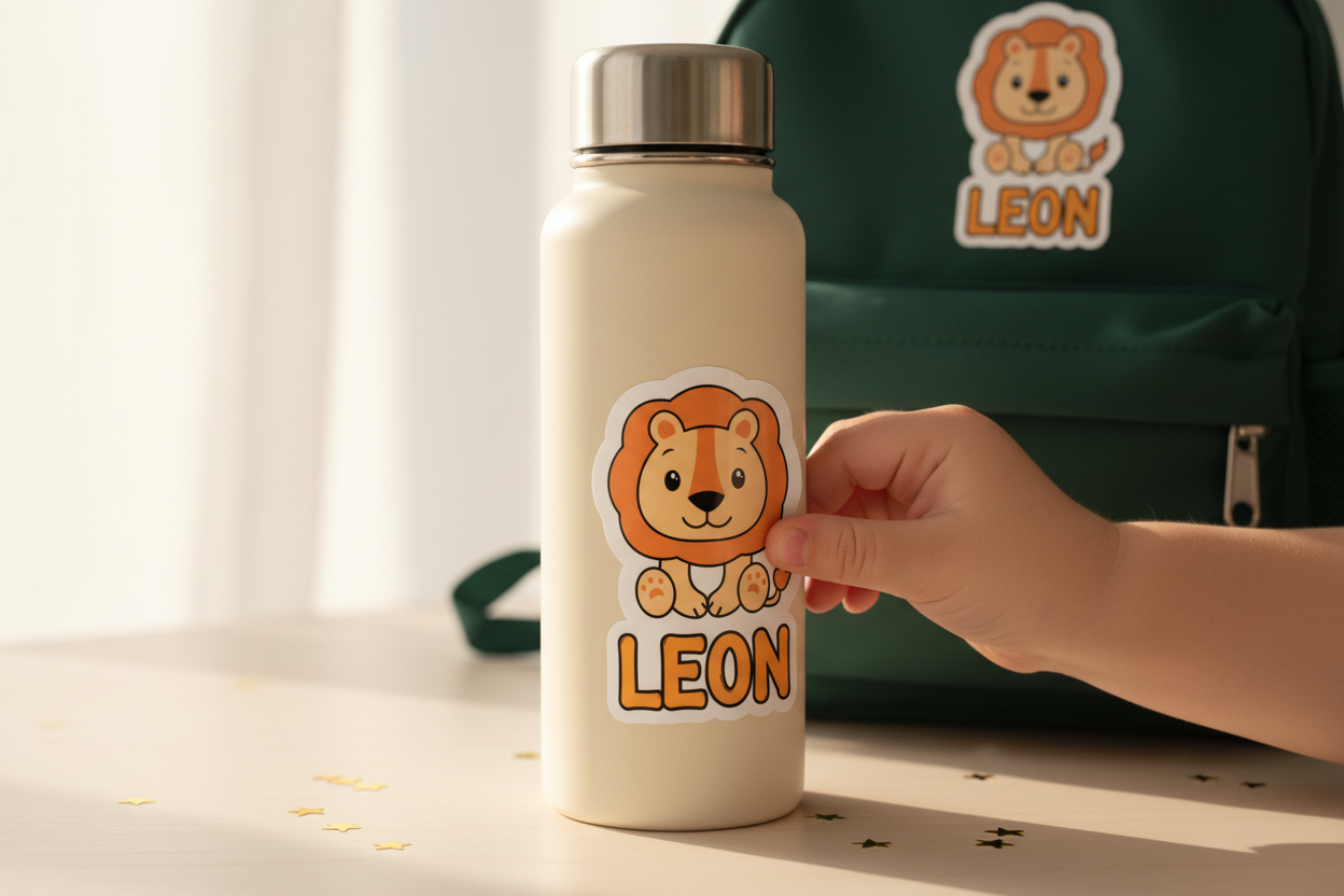 Leon sticker on water bottle and backpack