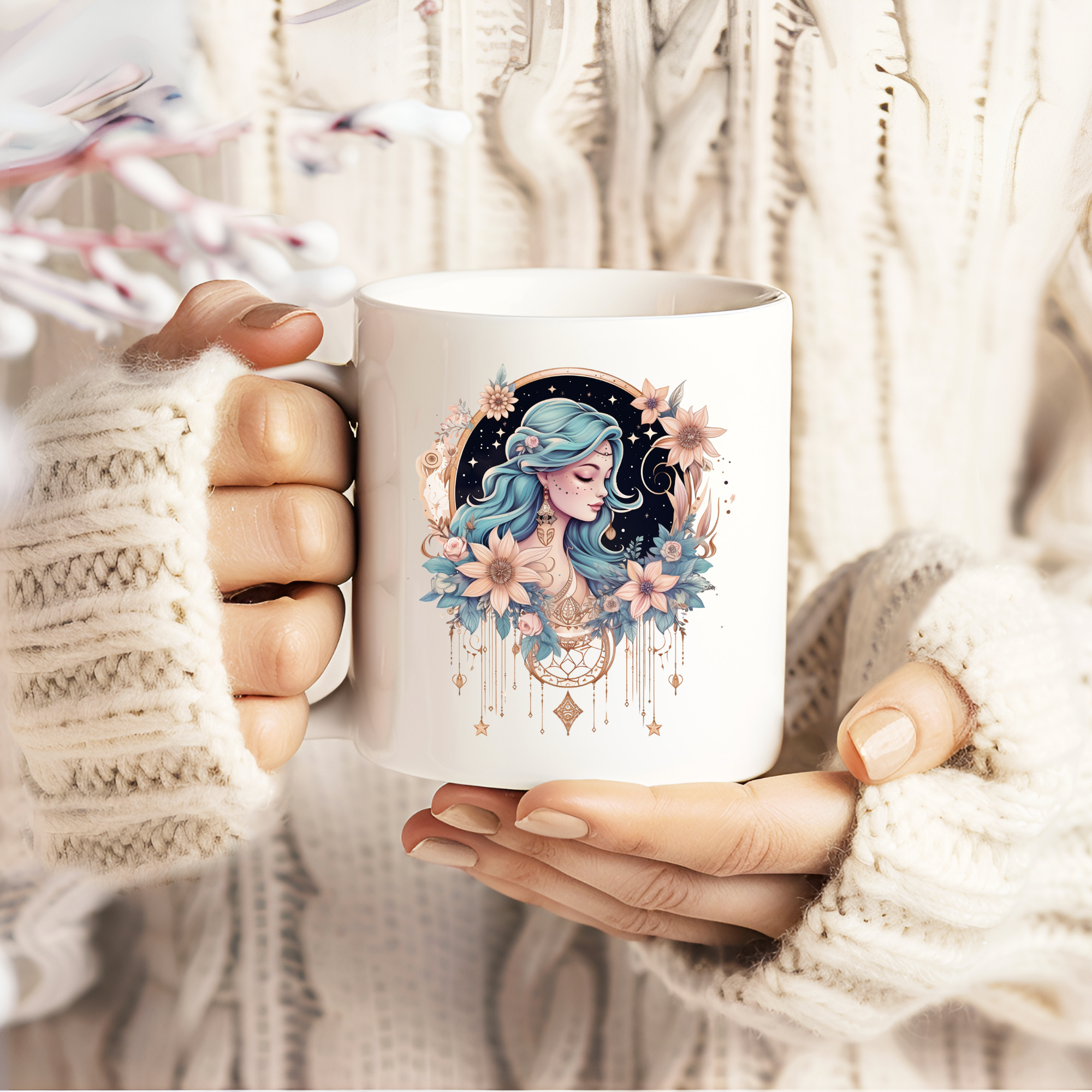 Celestial Moon Goddess Mug - Mystical Floral Art Coffee Cup | Boho Gift