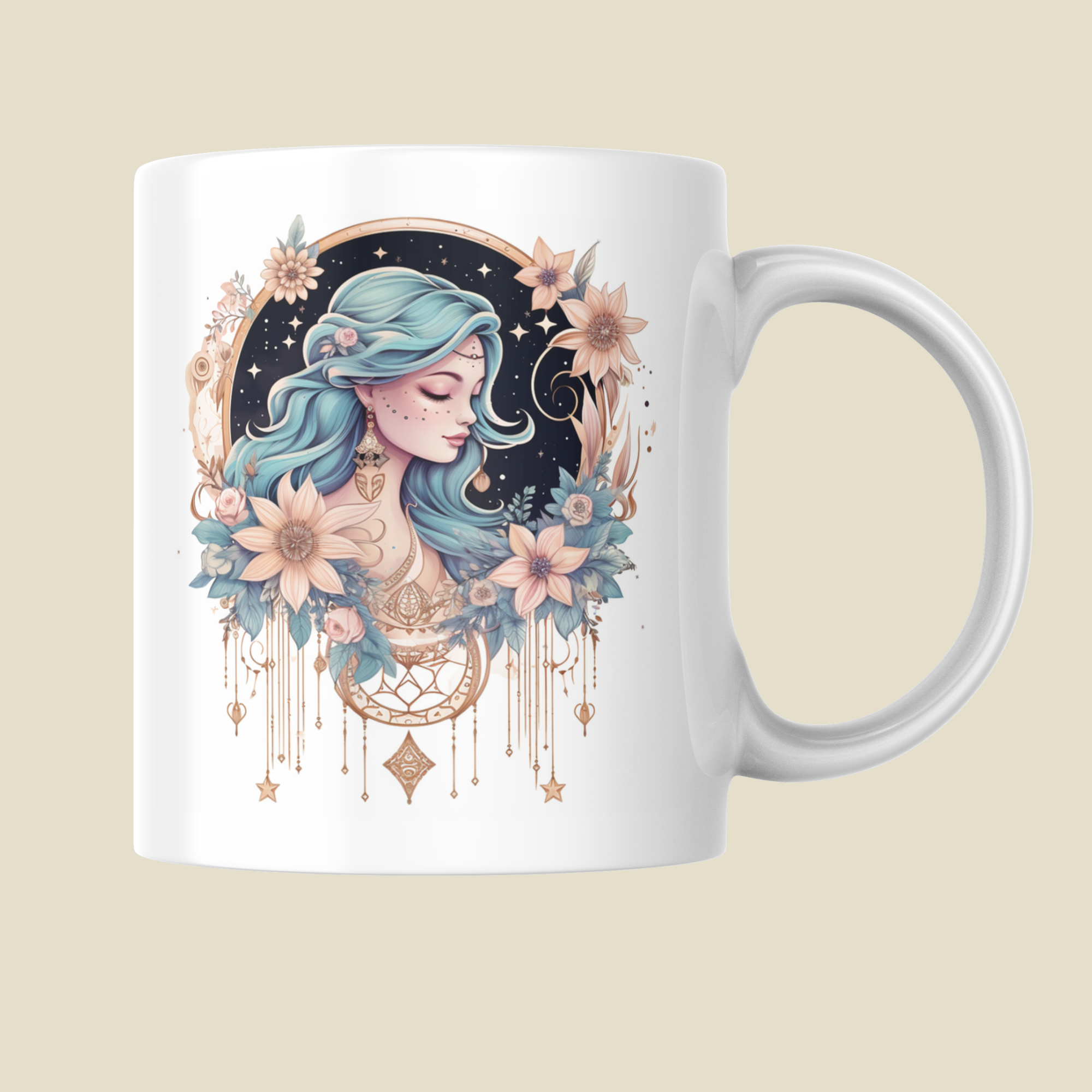Celestial Moon Goddess Mug - Mystical Floral Art Coffee Cup | Boho Gift