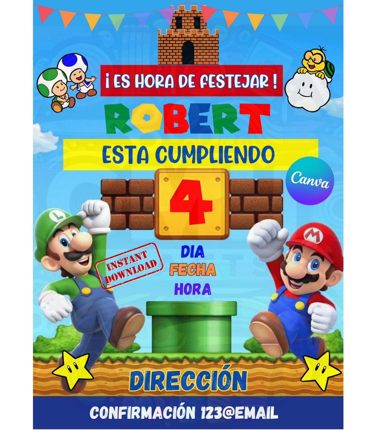 Invitacion Cumpleanos Mario Bros Imprimible | Editable en Canva | Descarga Digital