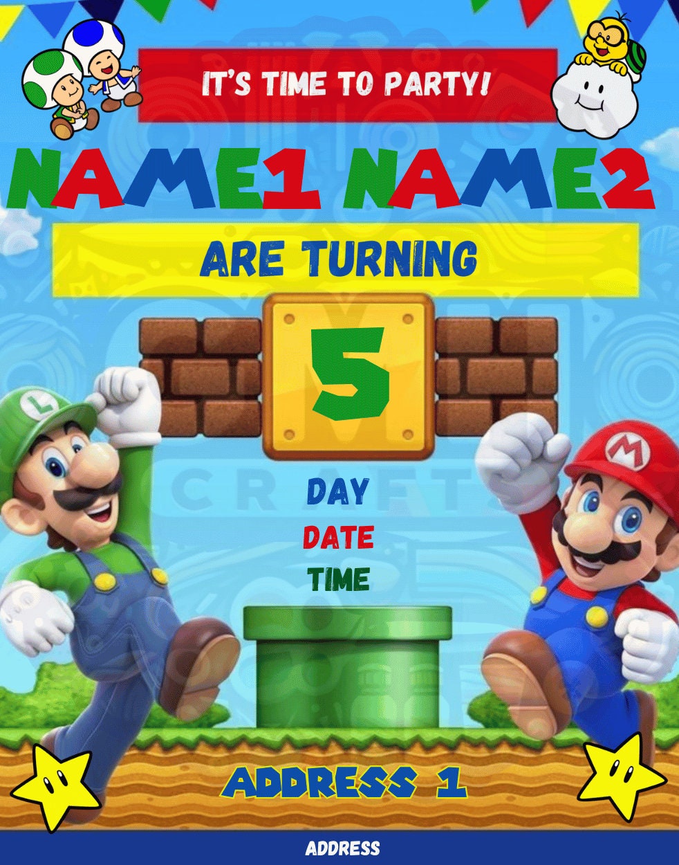Mario Birthday Invitation Printable | Editable Kids Party Invite | Digital Download