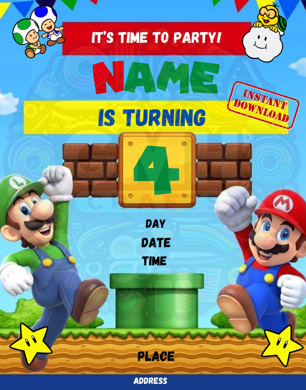 Mario Birthday Invitation Printable | Editable Kids Party Invite | Digital Download