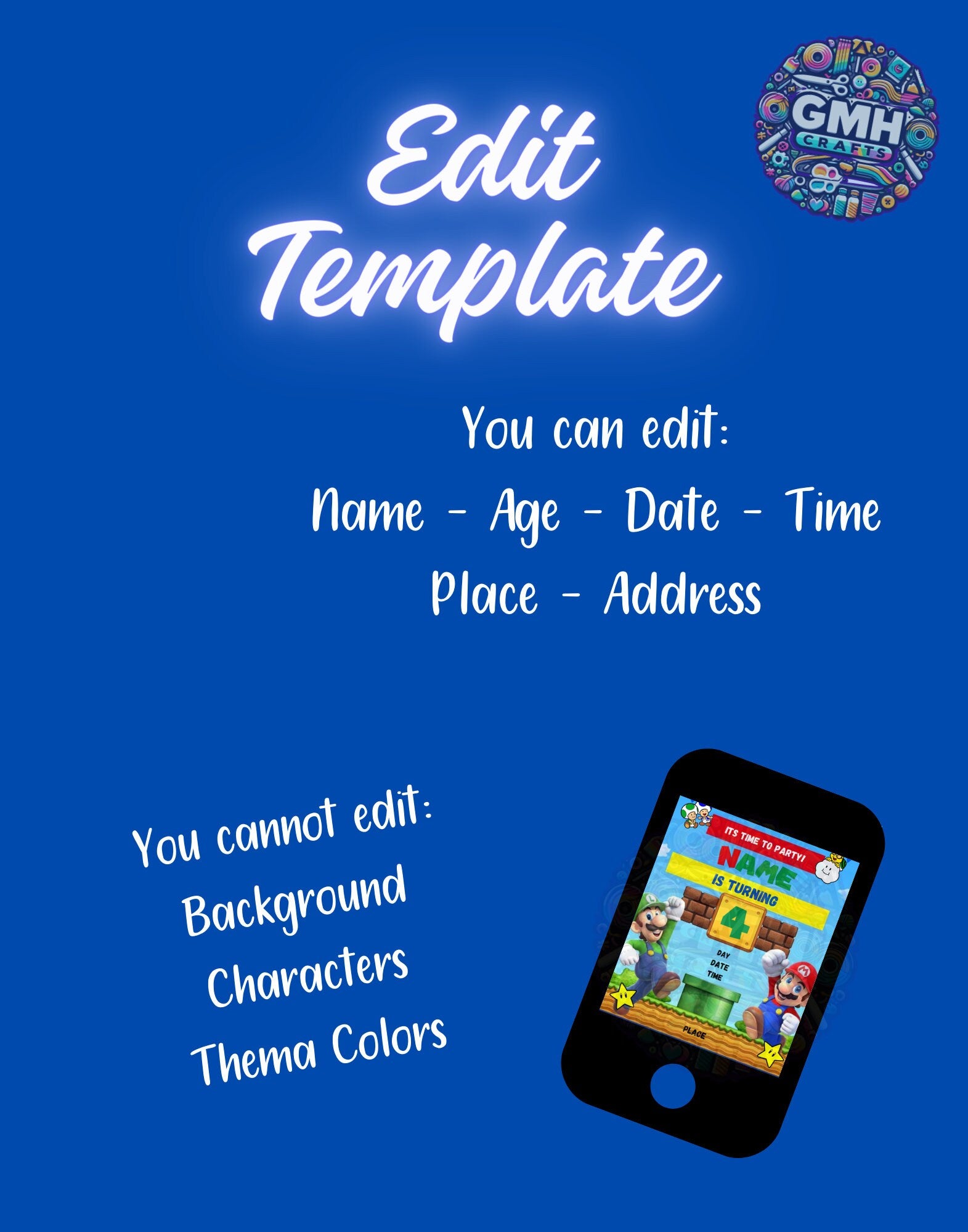 Mario Birthday Invitation Printable | Editable Kids Party Invite | Digital Download