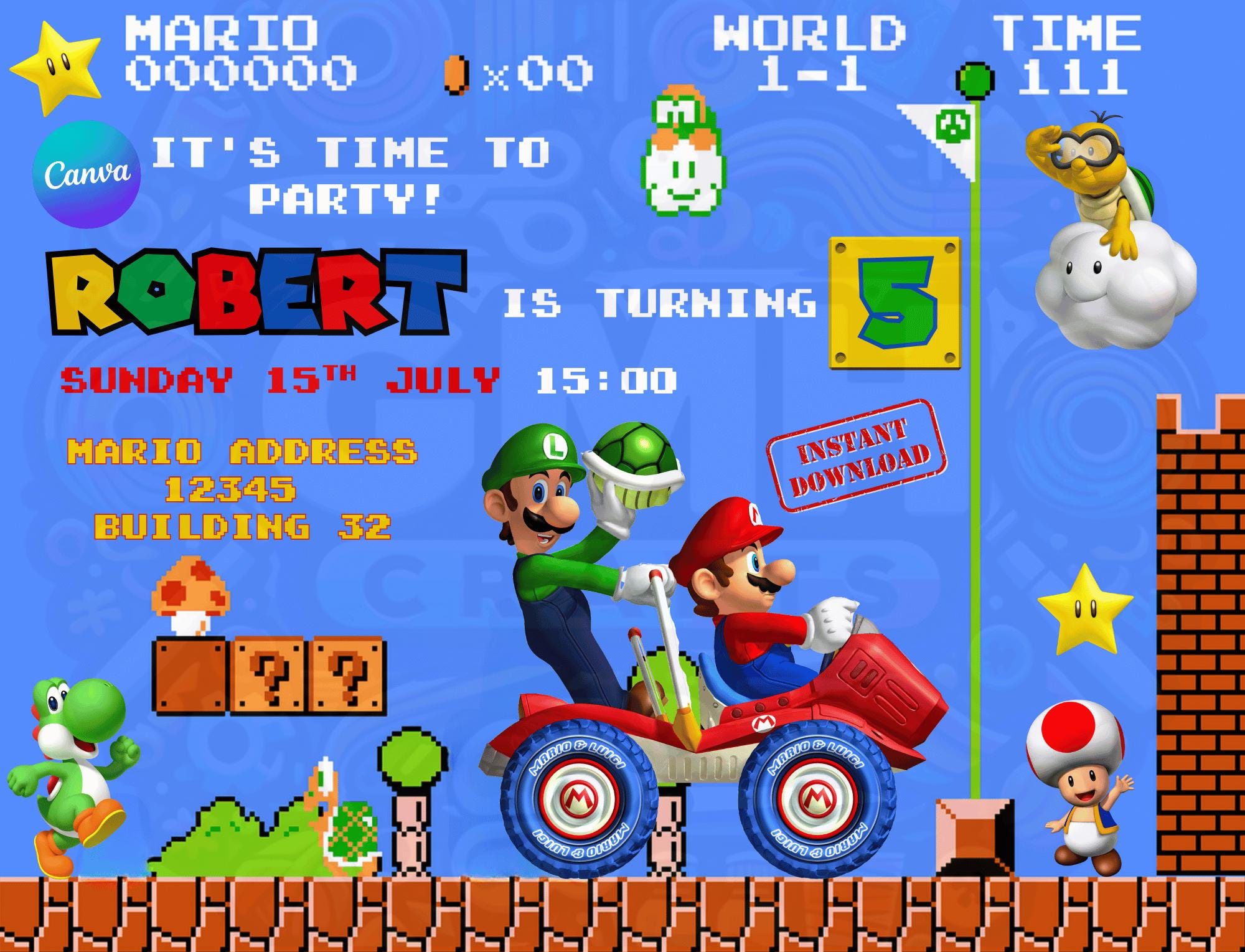 Super Mario Birthday Invitation | Editable Canva Template (Digital Download)